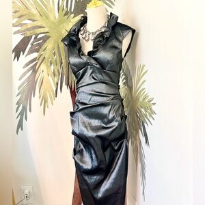 Xscape,Metallic Ruffle Satin Cocktail Silver Elegant Gray Satin Dress,EUC,Size 4